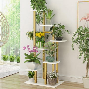 59.1" Modern Ladder 7-Tiered Plant Stand in Gold & White